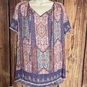 Lucky Brand Women’s Orange Purple Tapestry Print Boho Top Size XL - No Size Tag
